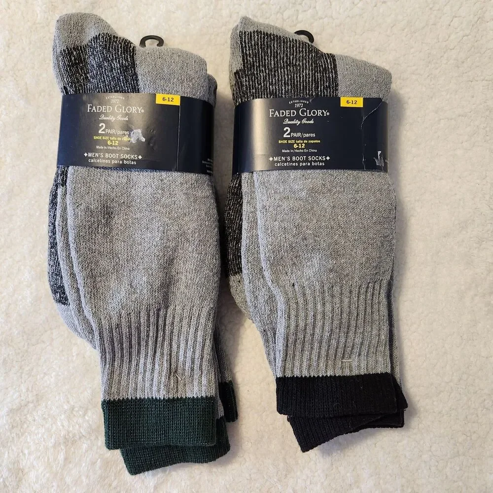 Mixed Lot of 4 Pairs Mens Faded Glory Gray Winter Boot Socks Size 6-12 NEW
